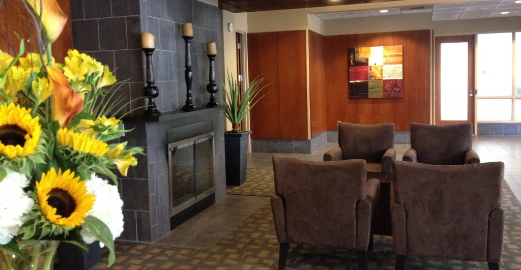 A SUNNY CLIMATE prevails in this apartment complex lobby regardless of the weather.